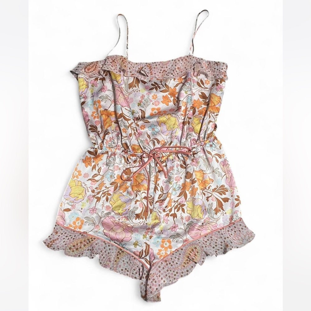 Victoria's Secret Pink Floral Satin Romper with Orange and Yellow Accents